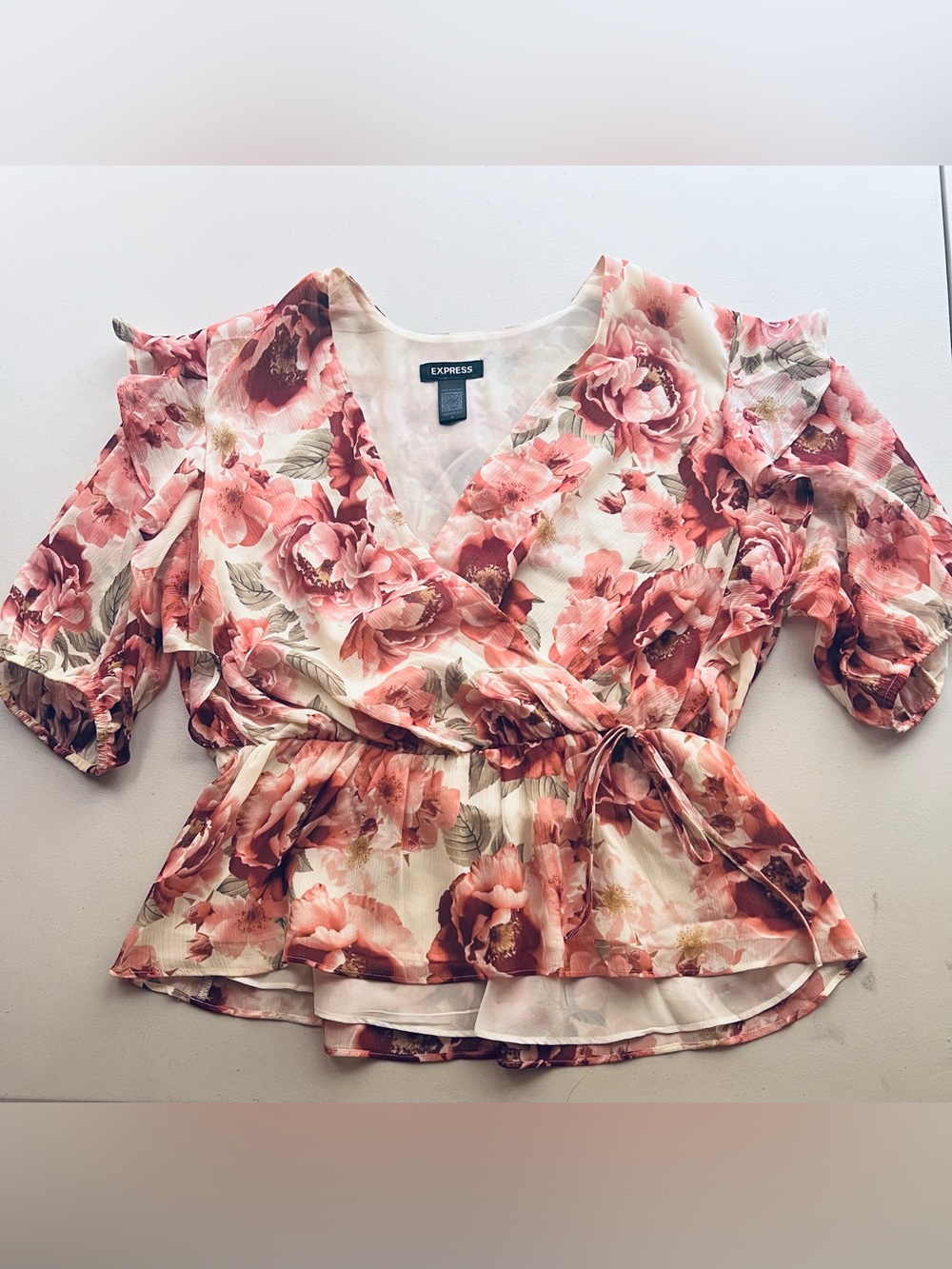 Express Rose Print Wrap Blouse in Pink and White